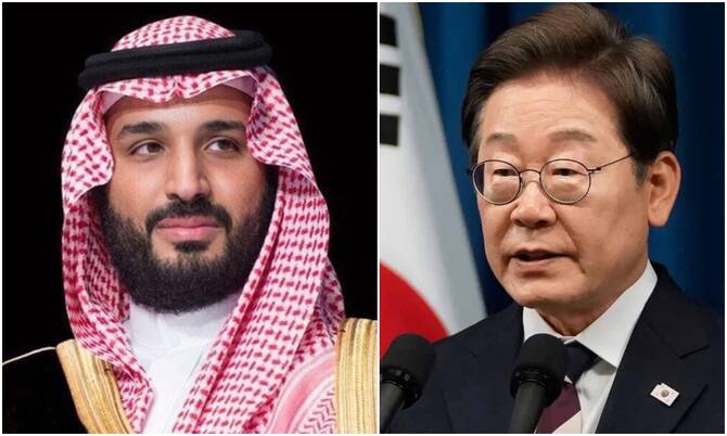 Saudi Crown Prince Mohammed bin Salman and South Korea’s President Lee Jae-Myung. (SPA/QNA)
