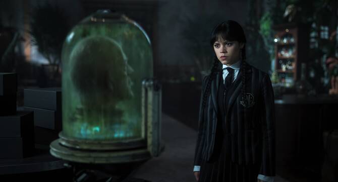 (L to R) Christopher Lloyd as Professor Orloff, Jenna Ortega as Wednesday Addams in 'Wednesday.' (Supplied)