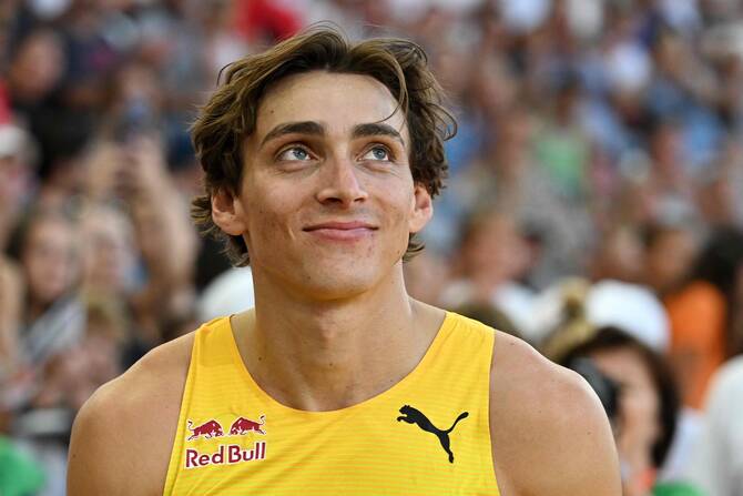 Sweden’s Armand Duplantis during an interview after setting a new pole vault world record at 6.29m during the men’s pole vault event of the Hungarian Athletics Grand Prix in Budapest on Tuesday. (AFP)