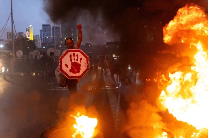 Protestors gather calling for the immediate release of the hostages and an end to the war in Gaza in Tel Aviv, Israel. (Reuters)