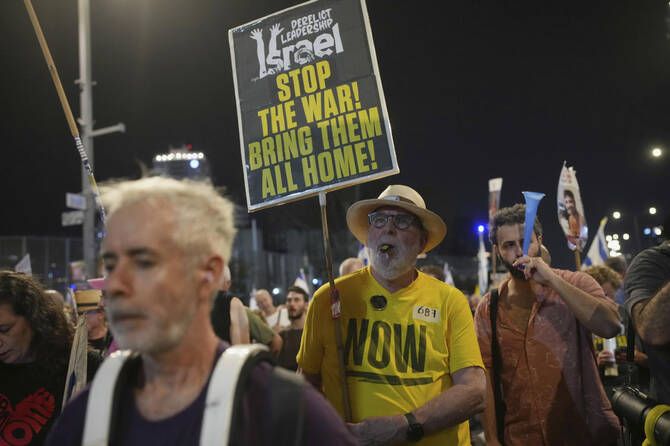 People take part in a protest demanding the end of the war and immediate release of hostages held by Hamas in the Gaza Strip, and against Prime Minister Benjamin Netanyahu’s government in Tel Aviv, Israel, Saturday, Aug 23, 2025. (AP)