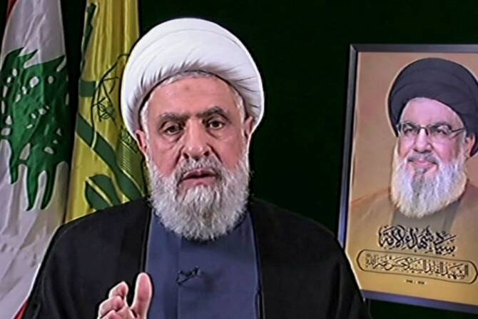 An image grab taken from Hezbollah's al-Manar TV shows the Lebanese group's new leader, Naim Qassem, during a televised address, Oct. 30, 2024. (AFP)