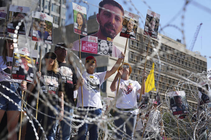 Families of hostages protest, demanding the release from Hamas captivity in the Gaza Strip, at the plaza known as the hostages’ square in Tel Aviv, Aug. 2, 2025. (AP)