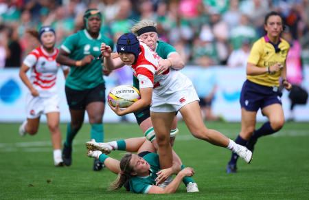 Japan's Misaki Matsumura in action with Ireland's Aoibheann Reilly and Sam Monaghan. (Reuters)
