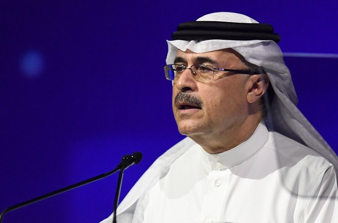 サウジアラビア国営石油会社サウジアラムコの、アミン・ナセルCEOが、2019年9月10日にアラブ首長国連邦の首都アブダビで開催された第24回世界エネルギー会議（WEC）で発言している様子。（ファイル/ AFP）