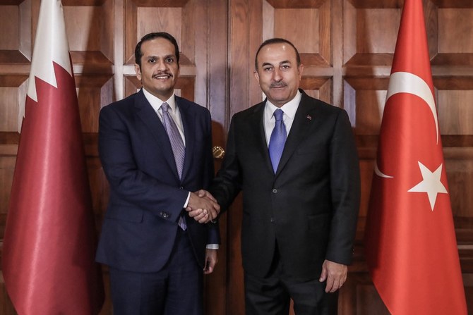 アンカラでの会談中にてカタール副首相兼外務大臣ムハンマド・ビン・アブドルラフマン・アール・サーニ（左）と握手するトルコ外務大臣メヴリュット・チャヴシュオール（右）。（ファイル/AFP）