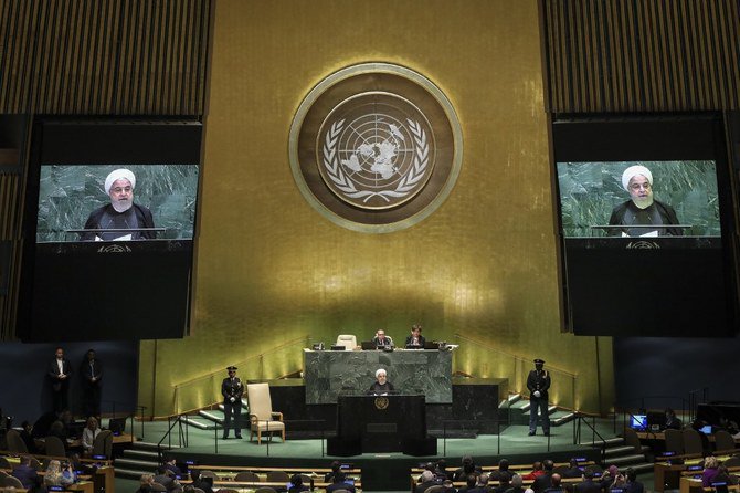 2019年9月25日、国連総会で演説するイランのハサン・ロウハニ大統領 (AFP)