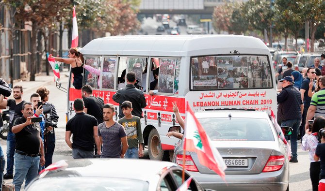 2019年11月16日にベイルート中心部からの「革命」バスでレバノンの南に向かう際に勝利のサインを出すレバノンの反政府デモ隊。（AFP）