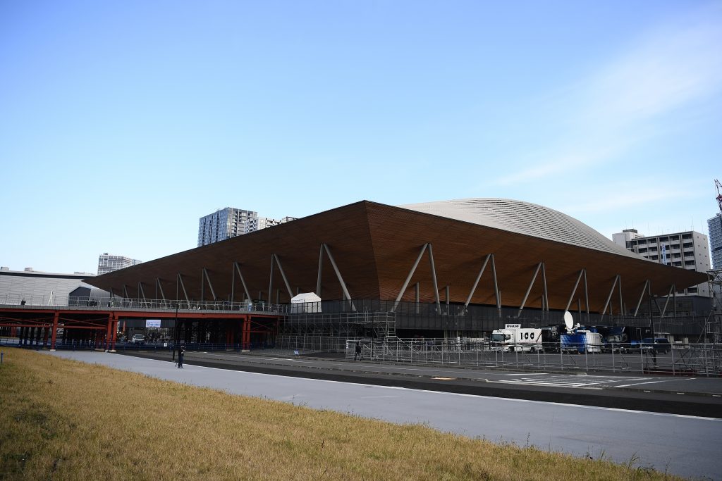  東京で開催された世界トランポリン競技選手権大会の開催中である2019年12月1日、東京2020オリンピック・パラリンピック会場である有明体操競技場の様子。