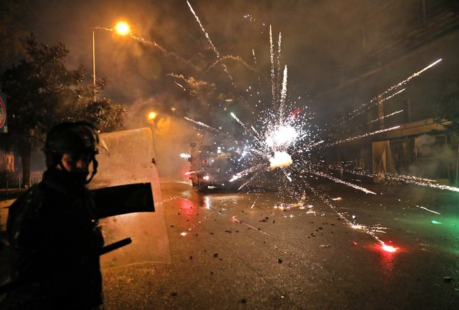2019年12月17日にベイルート中心部で治安部隊に花火を投げつけるデモ隊。 （AFP）