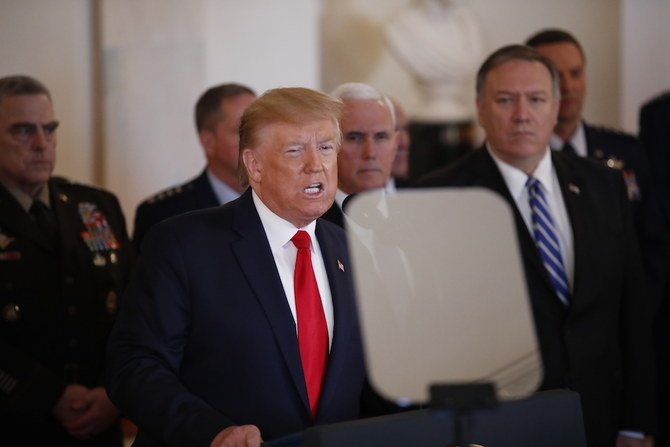 トランプ大統領、イランがアメリカ軍を擁するイラクの空軍基地に向け発射したミサイル攻撃についてホワイトハウスから国民に対して演説。(AFP通信)