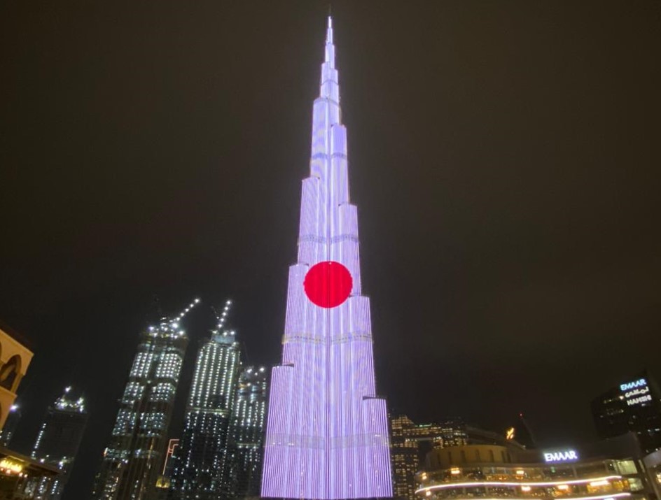 2020年2月11日の日本建国記念日を祝い、日本の国旗を映し出すブルジュ・ハリファ。（写真提供：エマール社）