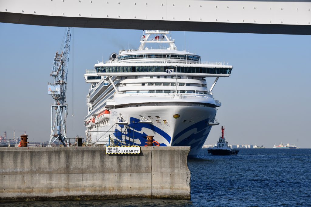 2020年3月25日、横浜港の埠頭で見られたクルーズ船、ダイヤモンドプリンセス。（AFP通信）