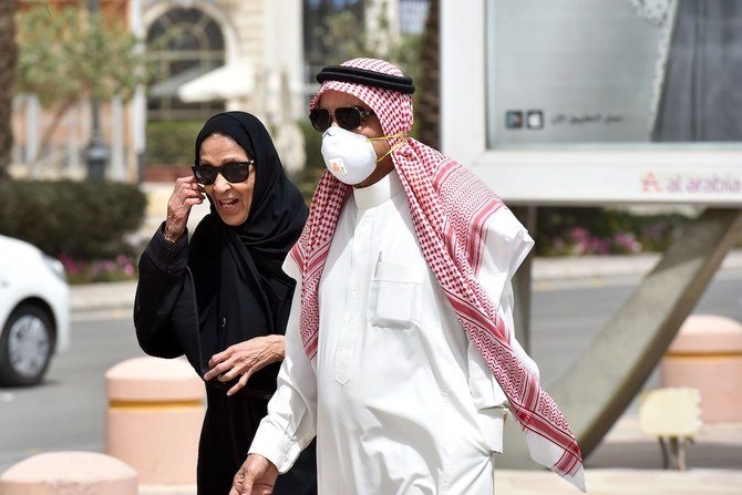 COVID-19新型コロナ予防のマスク着用のサウジ人男性が妻と歩いているところ、 2020年3月15日首都リヤドの中心部、タリア通り(AFP)