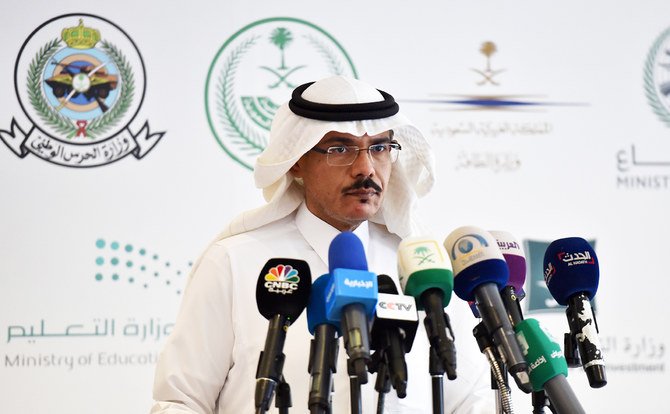 サウジアラビア保健省のムハンマド・アル＝アブド・アル＝アリー報道官が記者会見の場で記者らに新型コロナウイルスについて発言している。リヤド、2020年3月8日。サウジでは感染拡大防止のため立て続けに手を打っている。(AFP / FAYEZ NURELDINE)