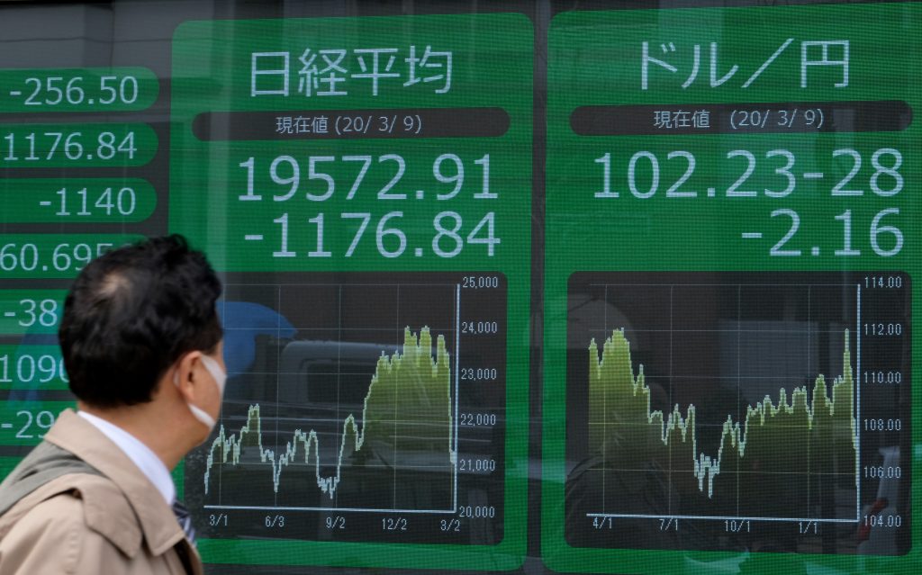 日本円に対する米ドル為替レートを表示する相場表示板を見つめる歩行者 (R)2020年3月9日 東京(AFP)