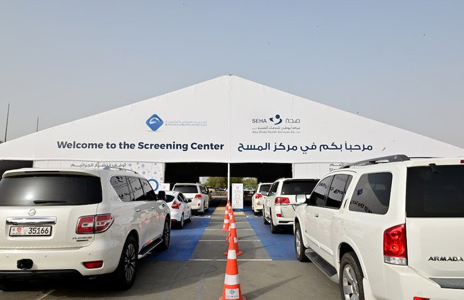 2020年4月2日にアラブ首長国連邦首都のアブダビで、COVID-19コロナウイルスのトライブスルー検査センターへ入るのを待つ人々の車が列をなして並ぶ。（AFP通信）