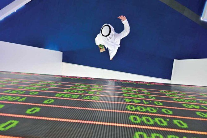 ドバイ証券取引所の株式表示板の下を歩くトレーダー。イスラム金融は過去20年間で2兆ドル規模のビジネスに成長し、債券から車の購入まであらゆる領域をカバーしている。（AFP）