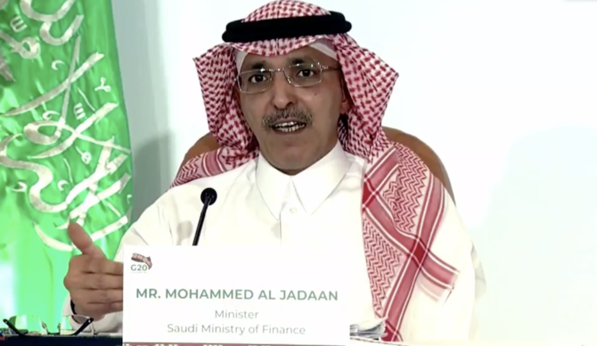 サウジアラビアのムハンマド・アル＝ジャドアーン財務相が会議の議長を務めた。（Screengrab)