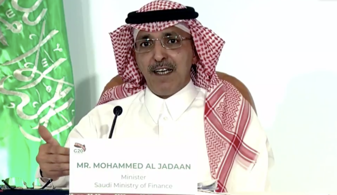 サウジアラビアのムハンマド・アル=ジャドアーン財務相が会議の議長を務めた。(Screengrab)