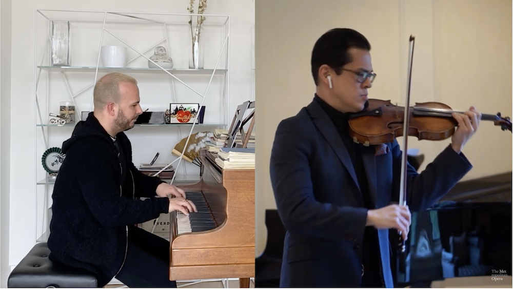 メトロポリタンオペラのコンサートマスター、デイビッド・チャン（右）と音楽監督のヤニック・ネギ＝セギーン、2020年4月25日のアットホームガラより。（スクリーンショット）