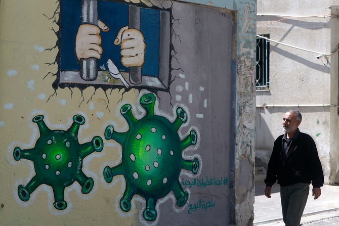 ガザ市でコロナウイルスと刑務所の監房を描いた壁画の前を歩いて通り過ぎるパレスチナ人男性。2020年4月28日。（AFP）