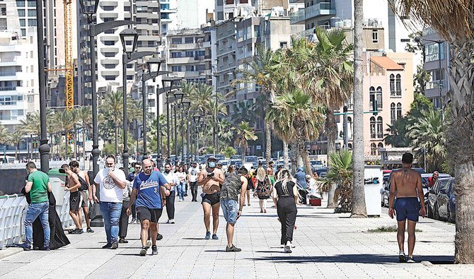 日曜、長引く新型コロナウイルスの脅威にもかかわらず、海辺の道を散歩するレバノンの首都ベイルートの住民たち。（AFP）