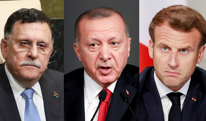 （左から右）リビアのファイズ・サラージ首相、トルコのレジェプ・タイイップ・エルドアン大統領、フランスのエマニュエル・マクロン大統領。（複数の通信社より）