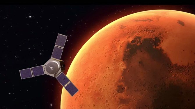 UAEの火星探査機HOPEが火星の軌道上を周回するようすを描いたイラスト。（ムハンマド・ビン・ラーシド宇宙センター提供）