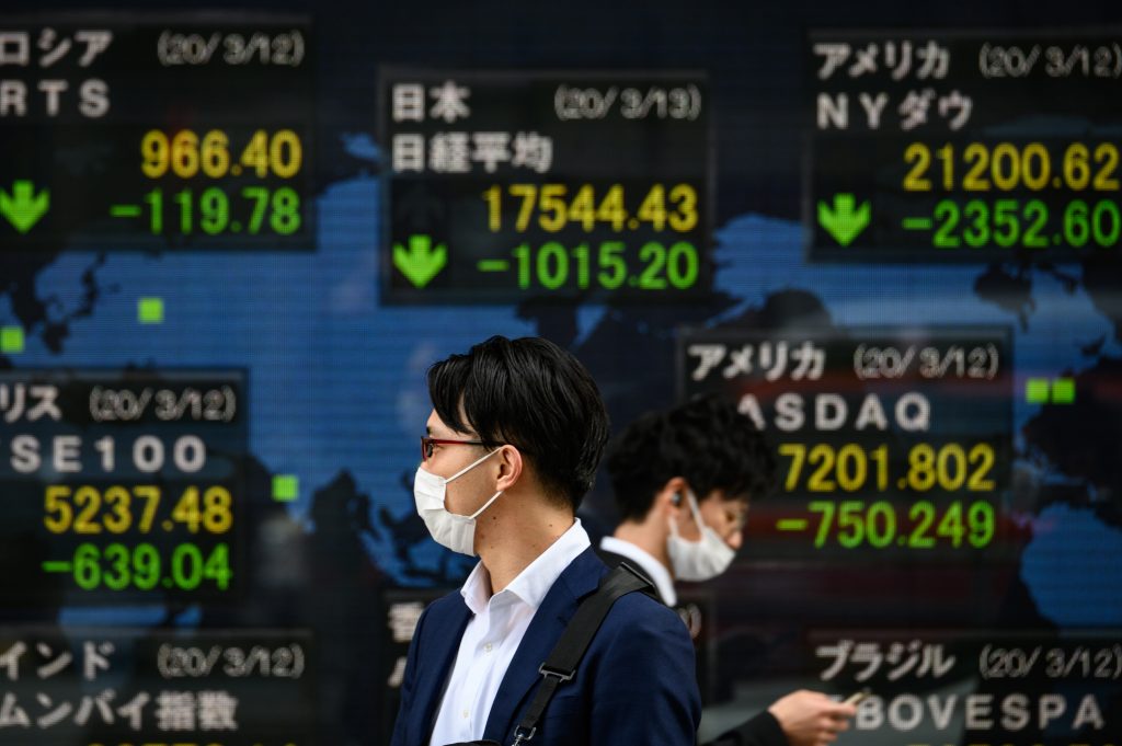ベンチマークの日経平均株価は、COVID-19の感染者が急増したことで7月16日に下落した。 （AFP)