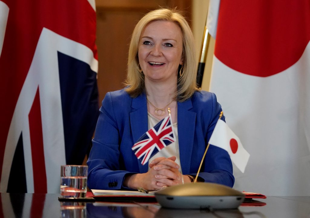 英政府が公開した配布資料に写る、2020年6月9日、日本とのビデオ会議中の英国のリズ・トラス国際貿易大臣。（AFP）