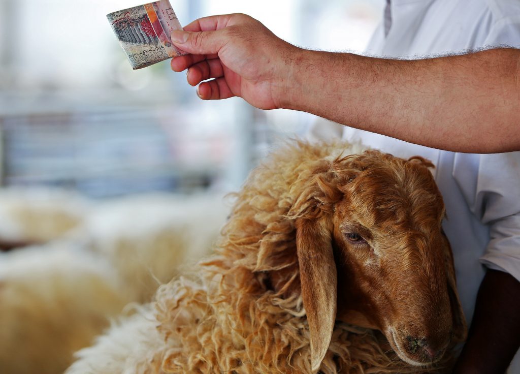 2020年7月28日、クウェート市の家畜市場で、その週の後半から始まるイスラム教のイード・アル=アドハーの祝日に先立ち、男性が業者から羊を購入する。 (AFP)