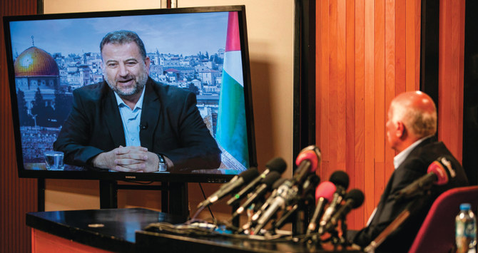 2日ラマッラーで、イスラエルの併合計画についてハマスのリーダー、サレー・アル＝アルーリ氏とテレビ会議で話し合うファタハのジブリール・ラジューブ氏（AFP）