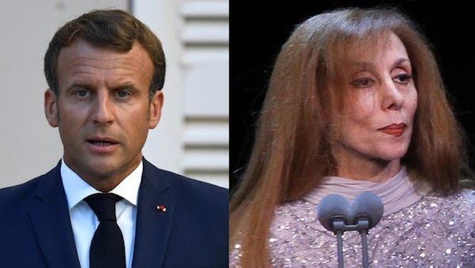 フランスのエマニュエル・マクロン大統領は、レバノンの国民的歌手ファイルーズさんと面会する。（AFP）