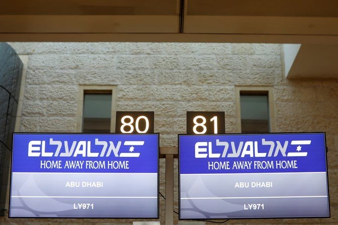 上はイスラエルと米国の代表団をアブダビへ運ぶイスラエルの国営航空会社エル・アルのフライト番号が表示されているスクリーン。テルアビブの近くのベン・ガーオン空港で2020年8月31日撮影。（ロイター）