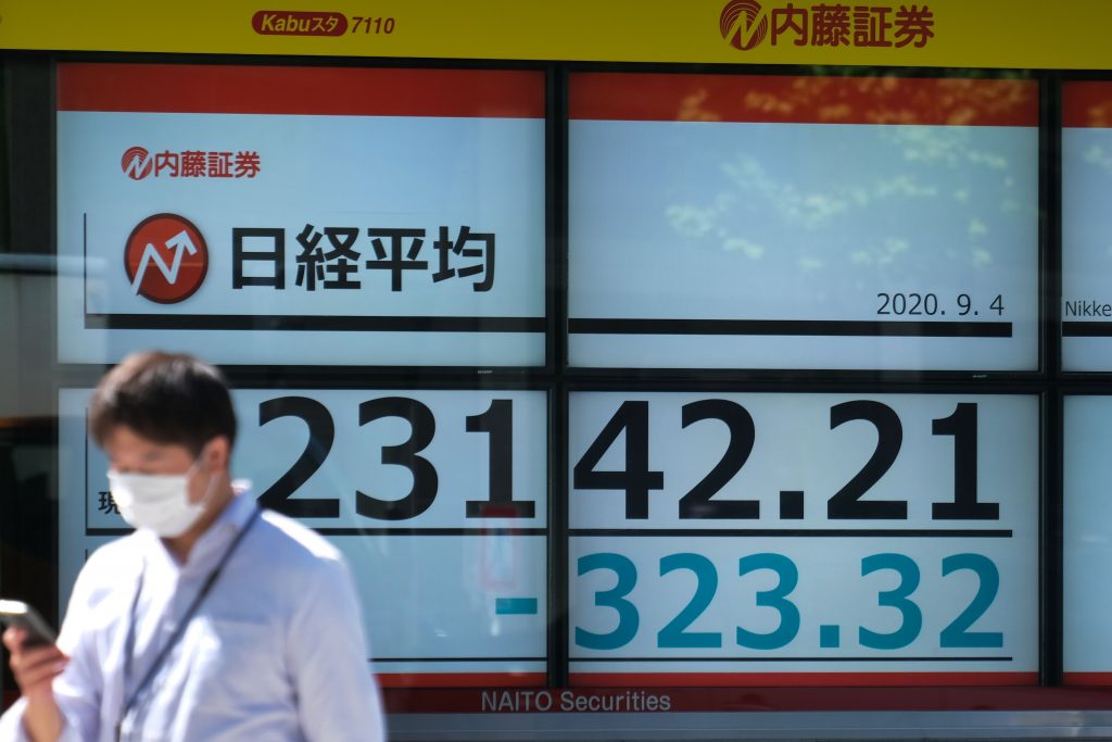 2020年9月4日、東京で日経225指数の数値を示す電子掲示板を通過する歩行者。(AFP)