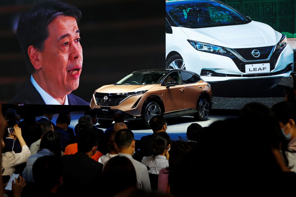 内田誠日産自動車CEO、北京国際自動車展（北京モーターショー）の日産ブースで、ビデオ記者会見に臨み、日産の新型車、「アリア」を発表すると共に、今後の中国市場戦略について語る。2020年9月26日、中国北京 （File photo/Reuters）