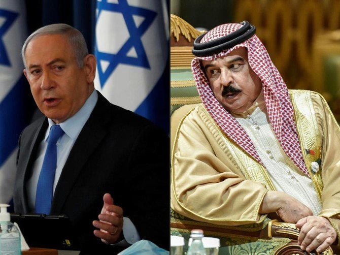 上記の写真は、イスラエルのベンヤミン・ネタニヤフ首相（左）とバーレーンのハマド国王（右）（AFP通信）