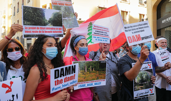 ビスリ・ダム・プロジェクトは同地域の農地や史跡を破壊すると訴え、世界銀行のベイルート支店前に集結した抗議者たち。（AFP）