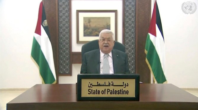 国連本部で開催された第75回国連総会において9月25日、ビデオ映像により演説するパレスチナ暫定自治政府のマフムード・アッバス議長。（AP）