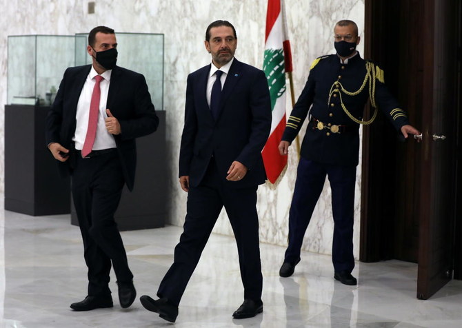 2020年10月22日、レバノンのバアブダーで、レバノンの新首相に指名された後、同国のスンニ派指導者、サード・ハリーリー氏が姿を見せる。（ロイター通信）
