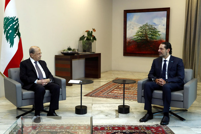2020年10月12日、レバノンのバアブダーにある大統領官邸で、レバノンのミシェル・アウン大統領がサード・アル＝ハリリ前首相と会見する。（ロイター）