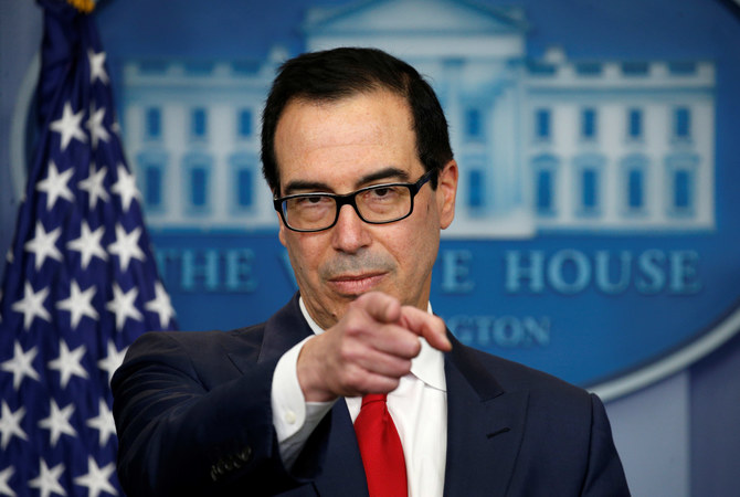 ワシントンのホワイトハウスで記者会見中のスティーブン・ムニューシン財務長官。(ロイター)