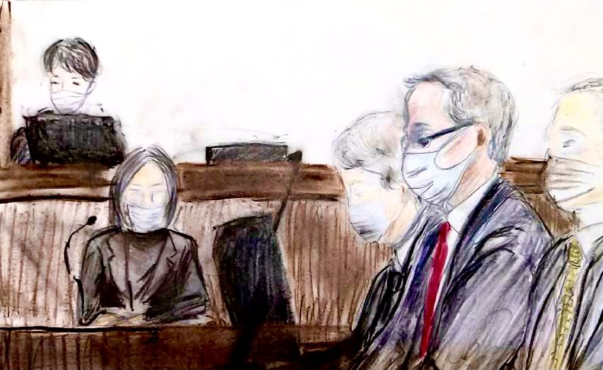 10月29日に東京地方裁判所で行われたケリー氏の裁判を記録した法廷画(アラブニュース・ジャパン)