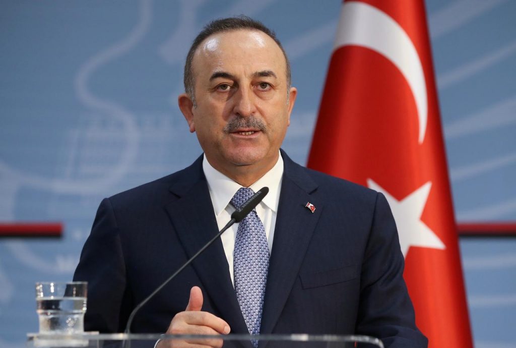 2020年2月12日、アルバニアのティラナで記者会見に臨む、トルコのメブリュト・チャブシオール外相（ロイター）