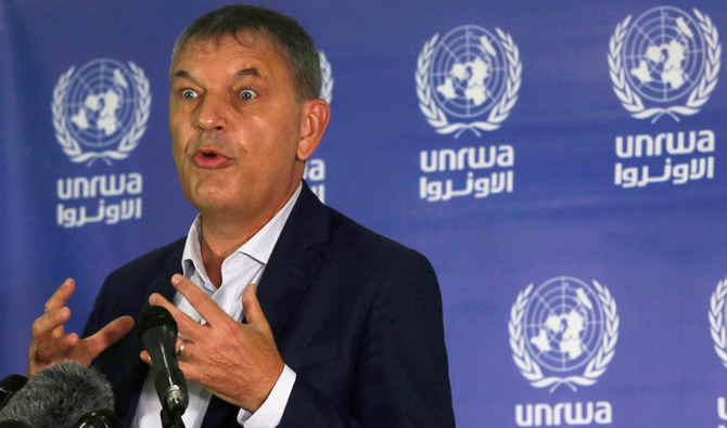 2020年11月26日にUNRWA本部で開かれた記者会見に臨む、UNRWAのフィリップ・ラザリーニ事務局長。（AP）