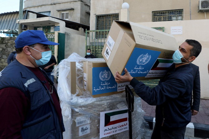 2020年11月29日ガザ市で、クウェートが寄付し世界保健機関が配送した人工呼吸器入りの箱を、作業員が荷下しする。（ロイター）