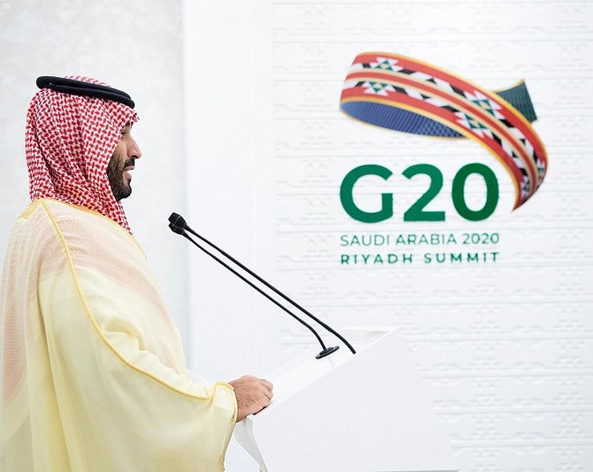 サウジアラビアのモハンメド・ビン・サルマーンが2020年11月22日に第15回G20首脳会議で閉会の辞を述べた。(SPA)