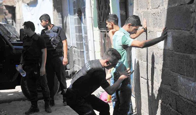 トルコ南東部ディヤルバクルでの治安作戦中にクルド人の若者を捜索するトルコ警察。ある調査では、若者たちが差別を感じていることがわかった。（AP / ファイル）