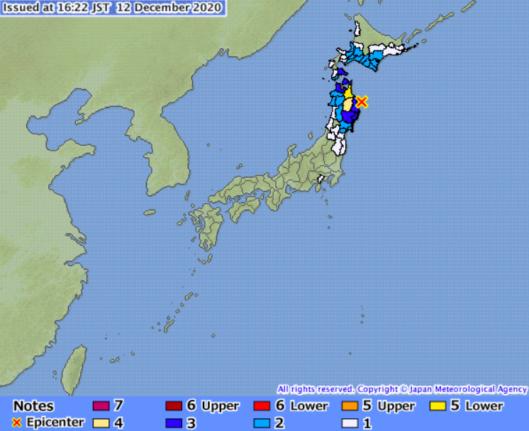 １２日午後４時１９分ごろ、岩手県沖を震源とする地震があり、青森県階上町で震度５弱の揺れを観測した。気象庁によると、震源の深さは約５０キロ。(JMA)